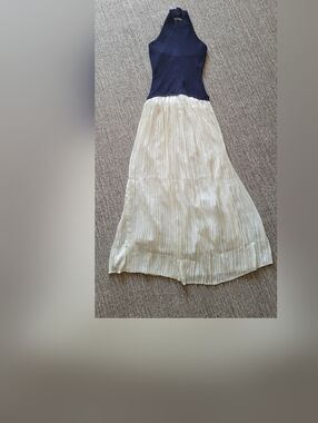 New Moon River Navy Halter Top Maxi Dress with Cream Pleated Skirt